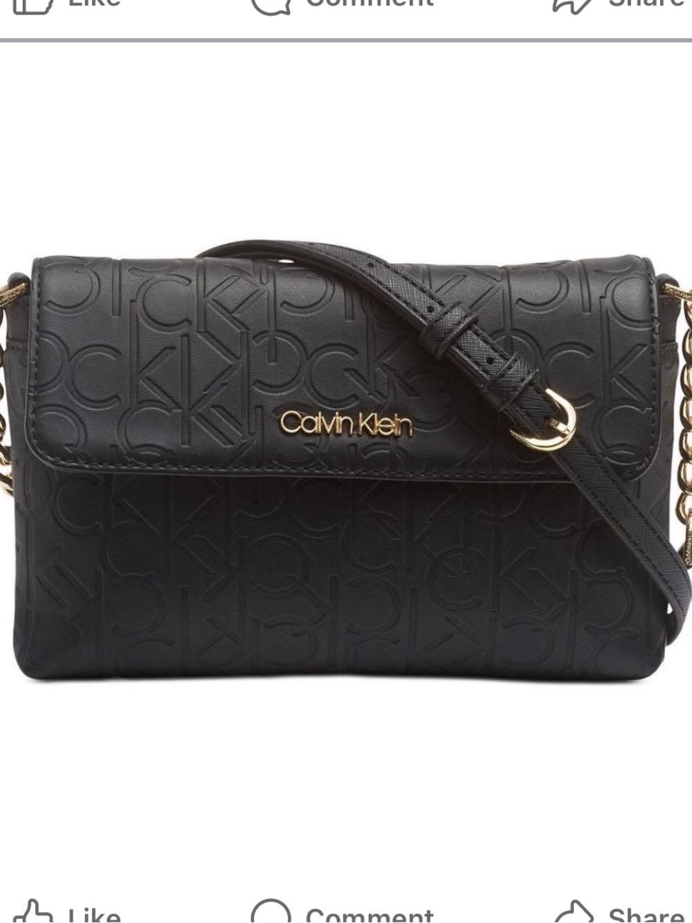Calvin Klein Black Embossed Logo Shoulder Bag with Gold Chain